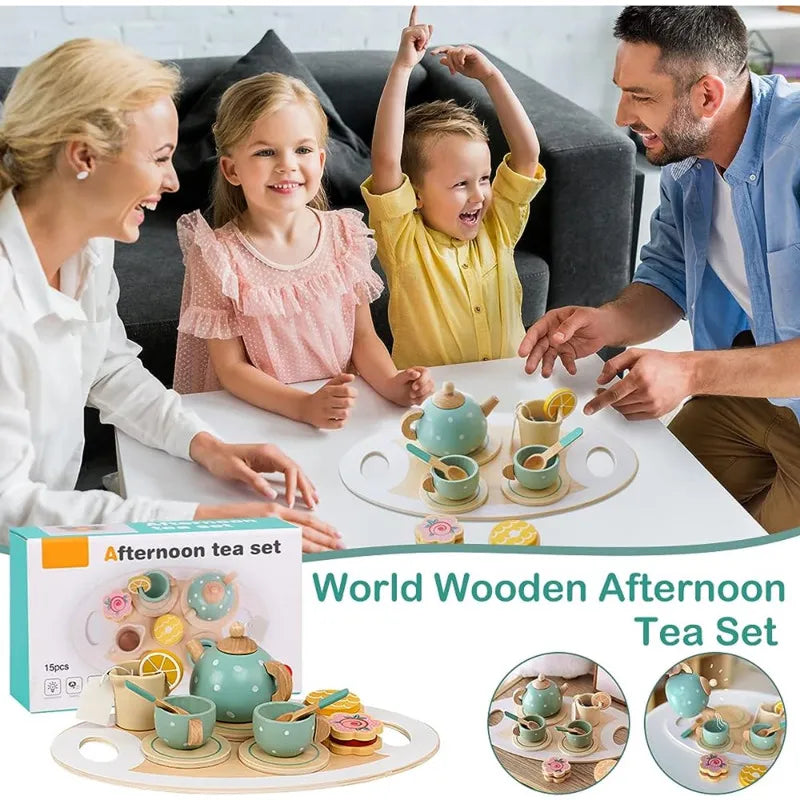 Wooden Afternoon Tea Set  Game Educational Toys for Toddlers Girls Boys Kids